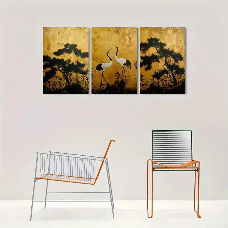 3pcs Golden Asian Crane Landscape Triptych Wall Art Set Canvas Framed 40x60cm - High Quality Print 100% Australian Made Wall Canvas Ready to Hang - Bella Home Decor