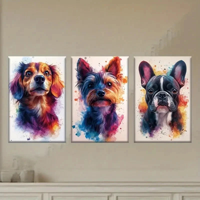 3pcs Vibrant Watercolor Illustrations of Dogs Metal Print Ready to Hang Art