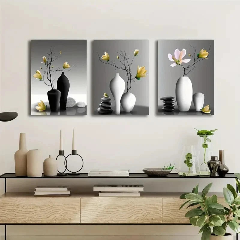 3pcs Black & White Elegant Orchid Metal Print Ready to Hang Art - Bella Home Decor