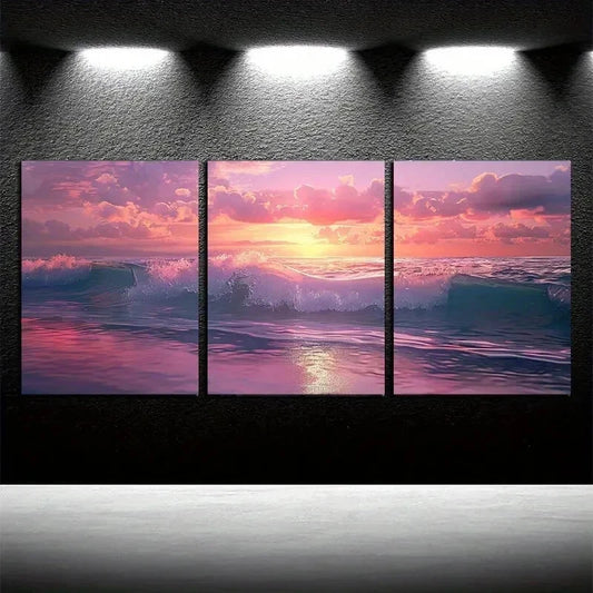 3pcs Vibrant Ocean Wave Illustration Wall Art Set Canvas Framed 40x60cm - High Quality Print 100% Australian Made Wall Canvas Ready to Hang