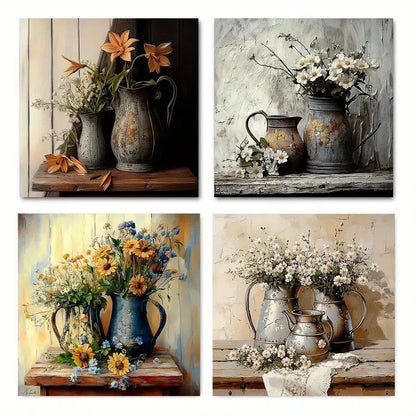 4pcsRustic Blue & White VasesWall Art Canvas Framed