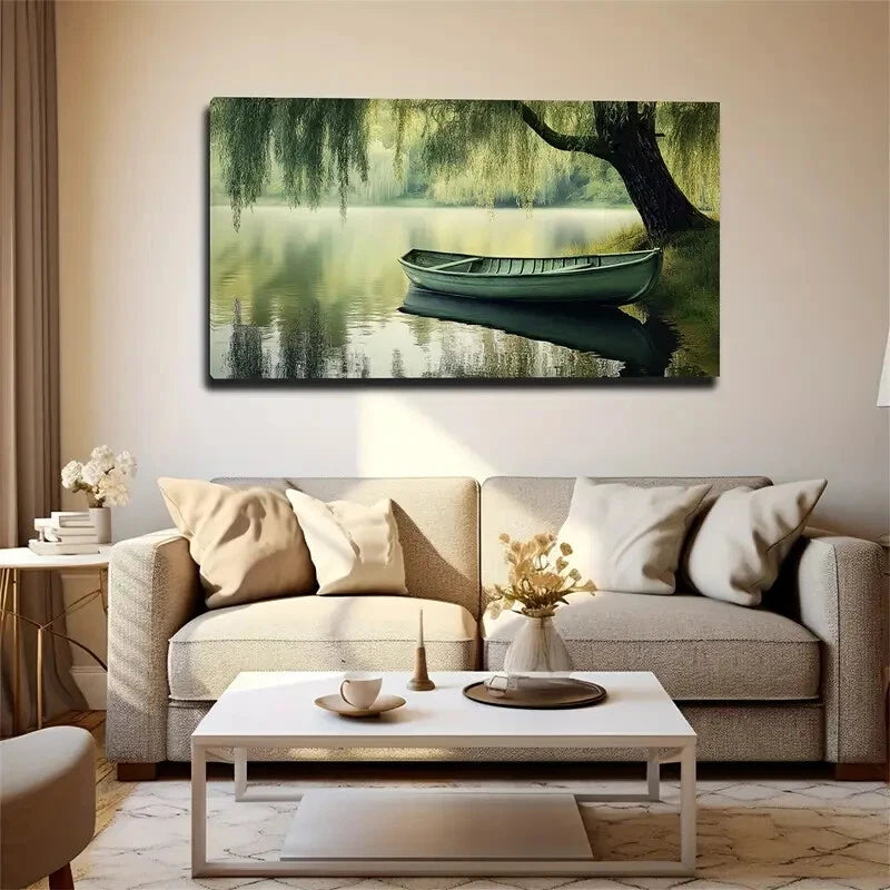 Serene Lake Scene Boat Décor Wall Art Canvas Office Home Room Framed 120x60cm - Bella Home Decor