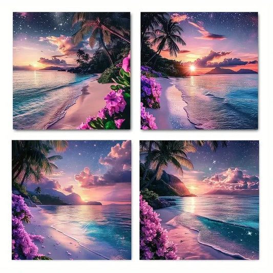 4pcsSummer seaside sunsetWall Art Canvas Framed