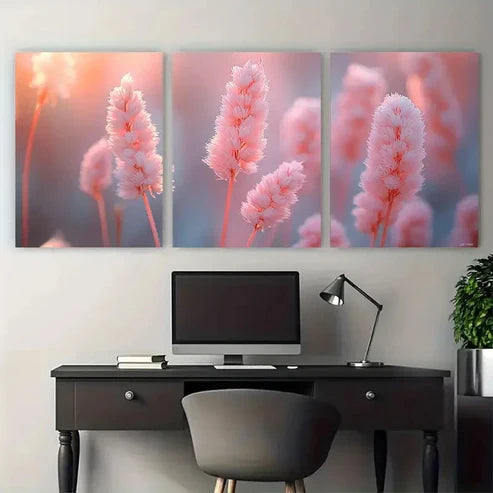 3pcs Minimalist Pastel Pink Cattails Wall Art Set Canvas Unframed - High Quality Print 100% Australian Made Wall Canvas