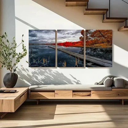 3pcs Natural Autumn Modern Pier Bridge Wall Art Set Canvas Framed 60x90cm - High Quality Print 100% Australian Made Wall Canvas Ready to Hang - Bella Home Decor