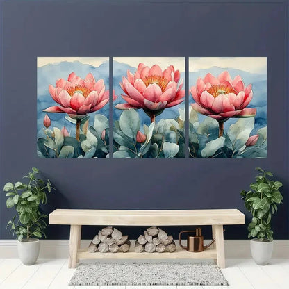 3pcs Pink Proteas on Soft Blue-Green Background Metal Print Ready to Hang Art - Bella Home Decor