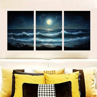 3pcs The Ocean Waves Under The Moon  Wall Art Set Canvas Framed 60x90cm - High Quality Print 100% Australian Made Wall Canvas Ready to Hang - Bella Home Decor