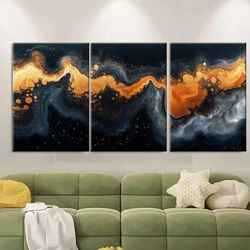 3pcs Fluid Marbling Golden Orange Black Metal Print Ready to Hang Art - Bella Home Decor