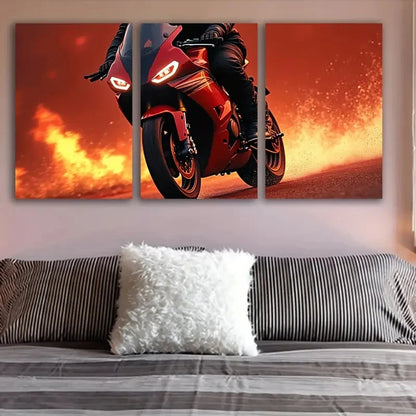 3pcs Man On Red Motorcycle Wall Art Set Canvas Framed 50x70cm - High Quality Print 100% Australian Made Wall Canvas Ready to Hang