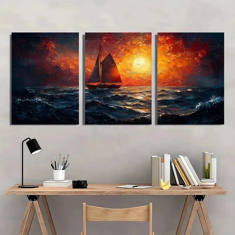 3pcs Vibrant Sailboat Seascape Oil Paintings Metal Print Ready to Hang Art