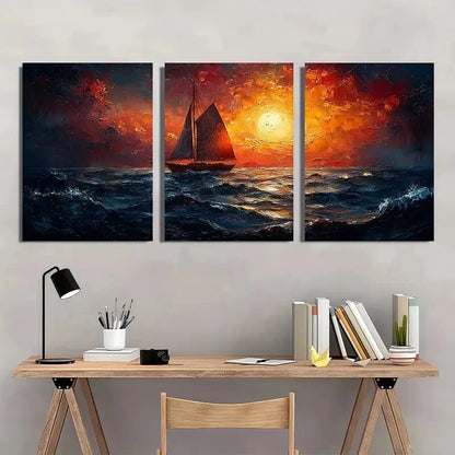 3pcs Vibrant Sailboat Seascape Oil Paintings Metal Print Ready to Hang Art