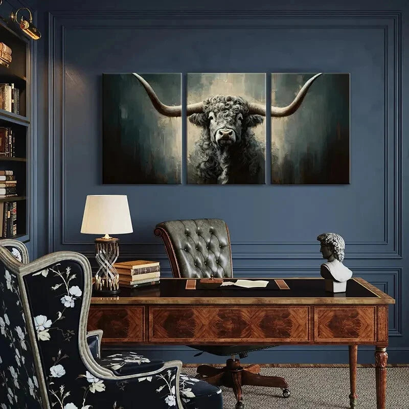 3pcs Artistic Bull Portrait Abstract Painting Metal Print Ready to Hang Art - Bella Home Decor