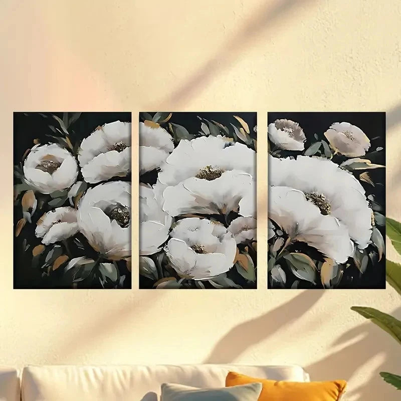 3pcs Elegant White Flowers with Golden Wall Art Set Canvas Framed 60x90cm - High Quality Print 100% Australian Made Wall Canvas Ready to Hang