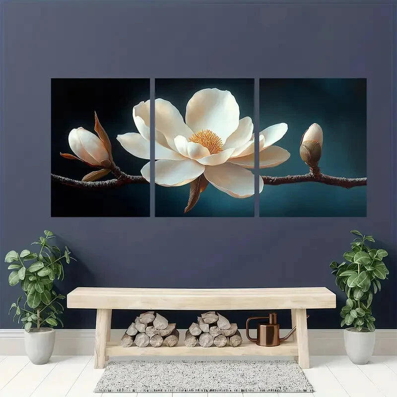 3pcs Elegant White Magnolia Flower Serene Floral Metal Print Ready to Hang Art - Bella Home Decor