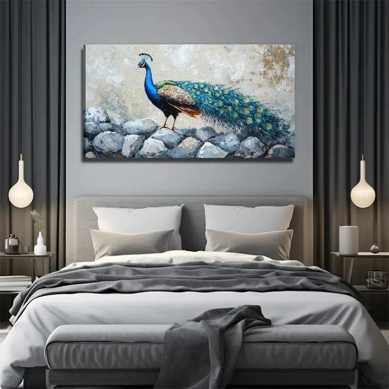 Peacock Standing On The Stone Wall Art Canvas Office Home Room Framed 120x60cm