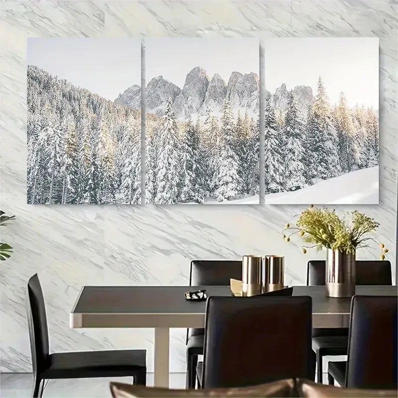 3pcs Featuring Winter Mountain Scenery with Snowy Metal Print Ready to Hang Art
