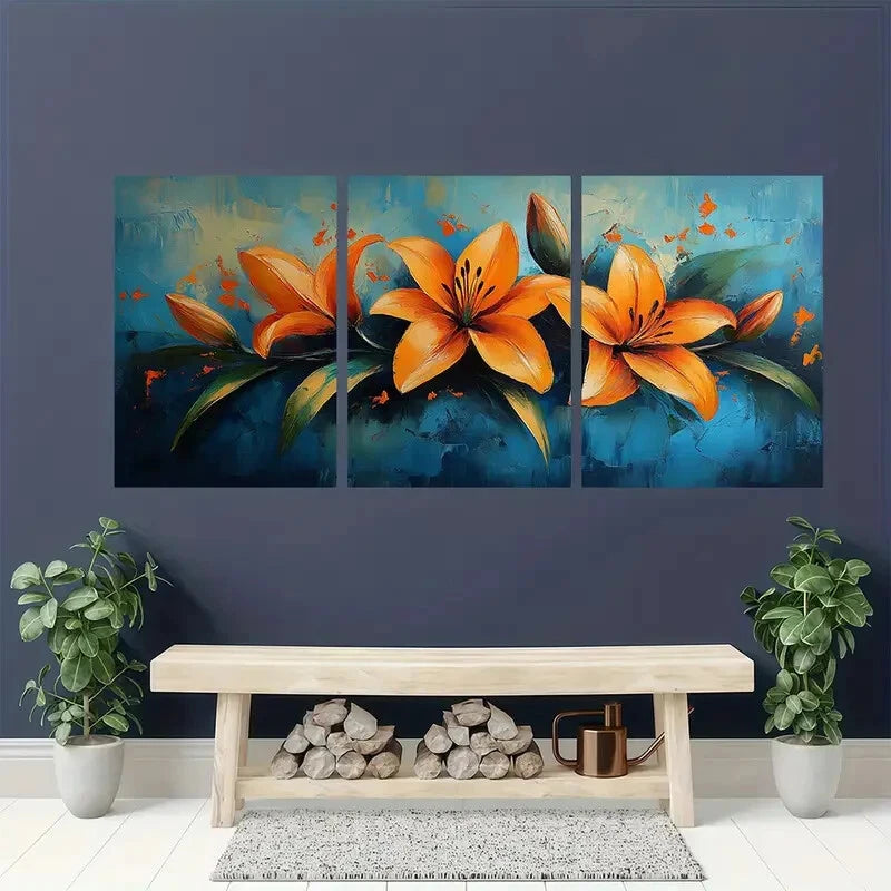 3pcs Lily Flower Oil Painting Abstract Original Metal Print Ready to Hang Art - Bella Home Decor