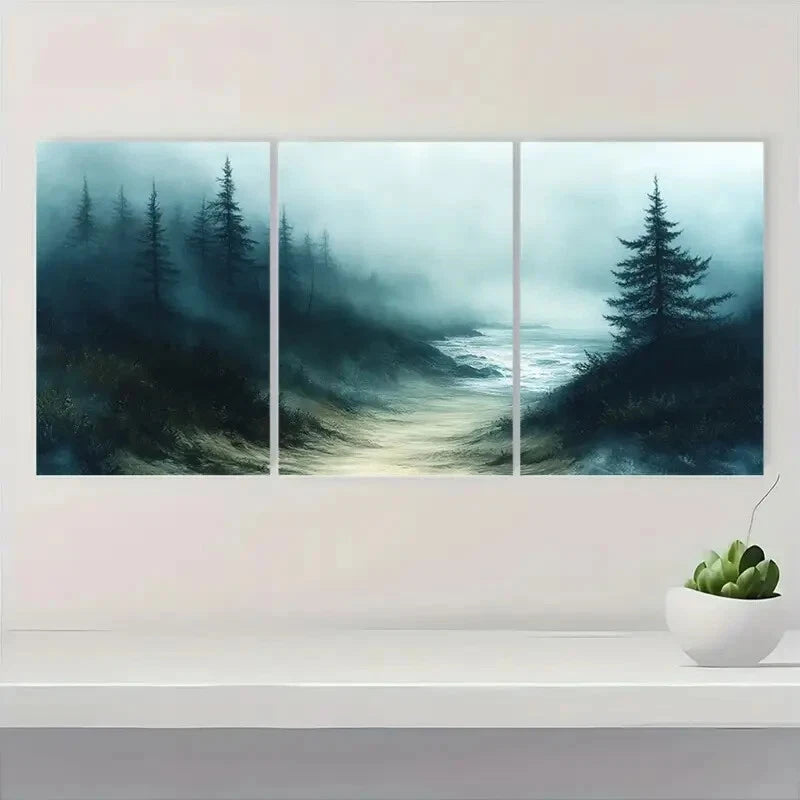 3pcs Misty Foggy Beach Abstract Seascape Metal Print Ready to Hang Art - Bella Home Decor
