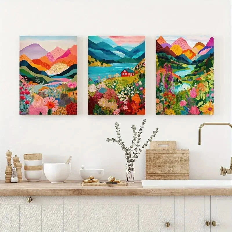 3pcs Abstract Mountain & Floral Landscape Metal Print Ready to Hang Art - Bella Home Decor