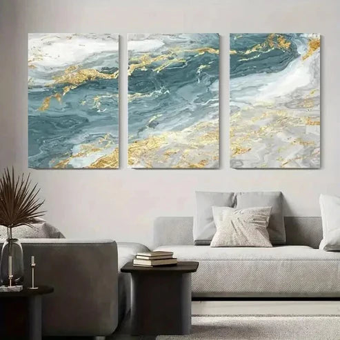 3pcs Abstract Marble Blue & Golden Swirls Art Set Canvas Unframed - High Quality Print 100% Australian Made Wall Canvas