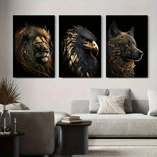 3pcs Lion Eagle Wolf Animal Abstract Wall Art Set Canvas Framed 60x90cm - High Quality Print 100% Australian Made Wall Canvas Ready to Hang