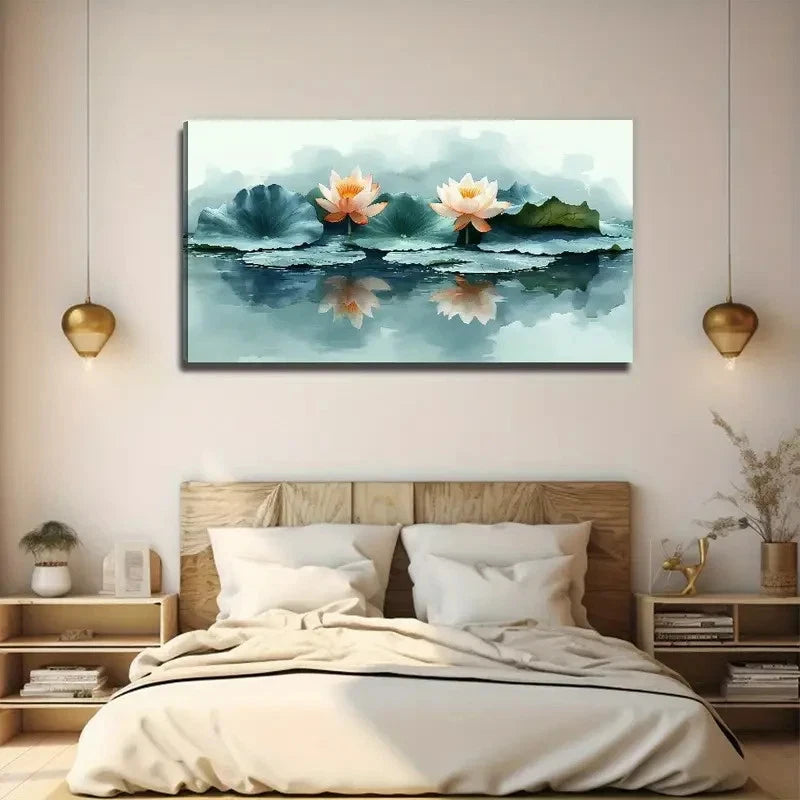 Serene Blue & Orange For Lotus Wall Art Canvas Office Home Room Framed 120x60cm