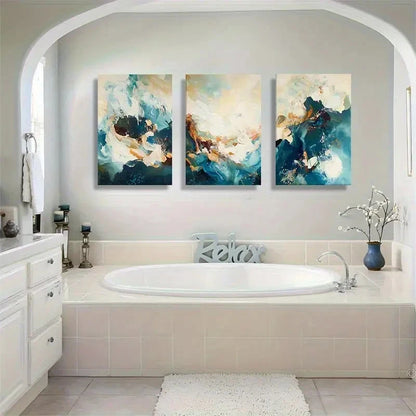 3pcs Abstract Blue and Golden Wave Painting Metal Print Ready to Hang Art - Bella Home Decor