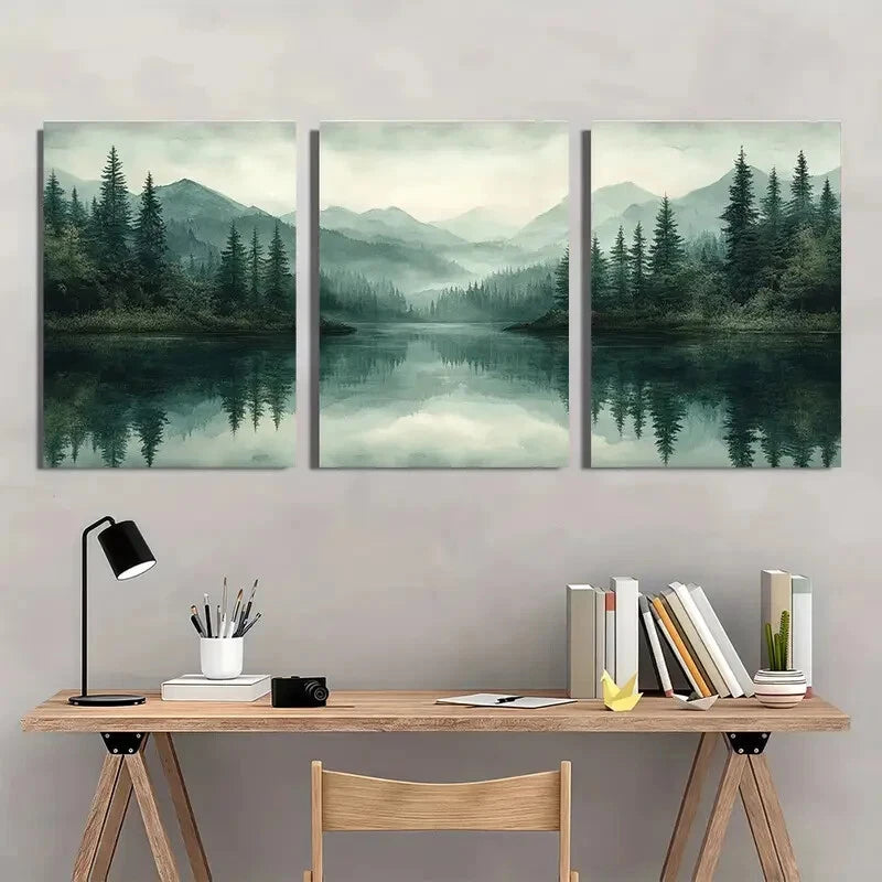 3pcs Abstract Green Forest Lake Nature Art Metal Print Ready to Hang Art - Bella Home Decor