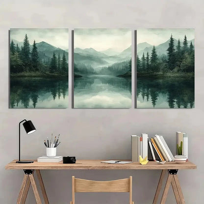 3pcs Abstract Green Forest Lake Nature Art Metal Print Ready to Hang Art - Bella Home Decor