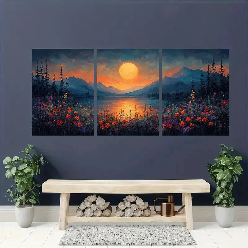3pcs Moonlit Meadow Wildflower Paintings Metal Print Ready to Hang Art - Bella Home Decor