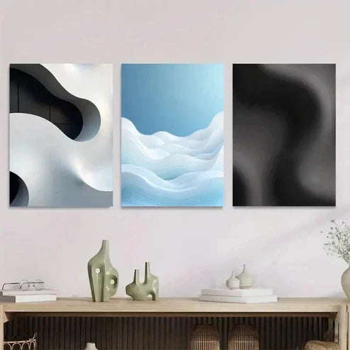 3pcs Modern Abstract Wave Patterns in Black Wall Art Set Canvas Unframed - High Quality Print 100% Australian Made Wall Canvas