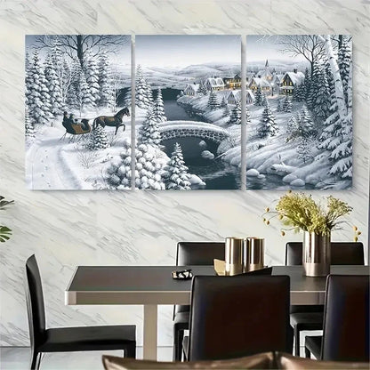 3pcs Snowy Village Scene with Horse Metal Print Ready to Hang Art