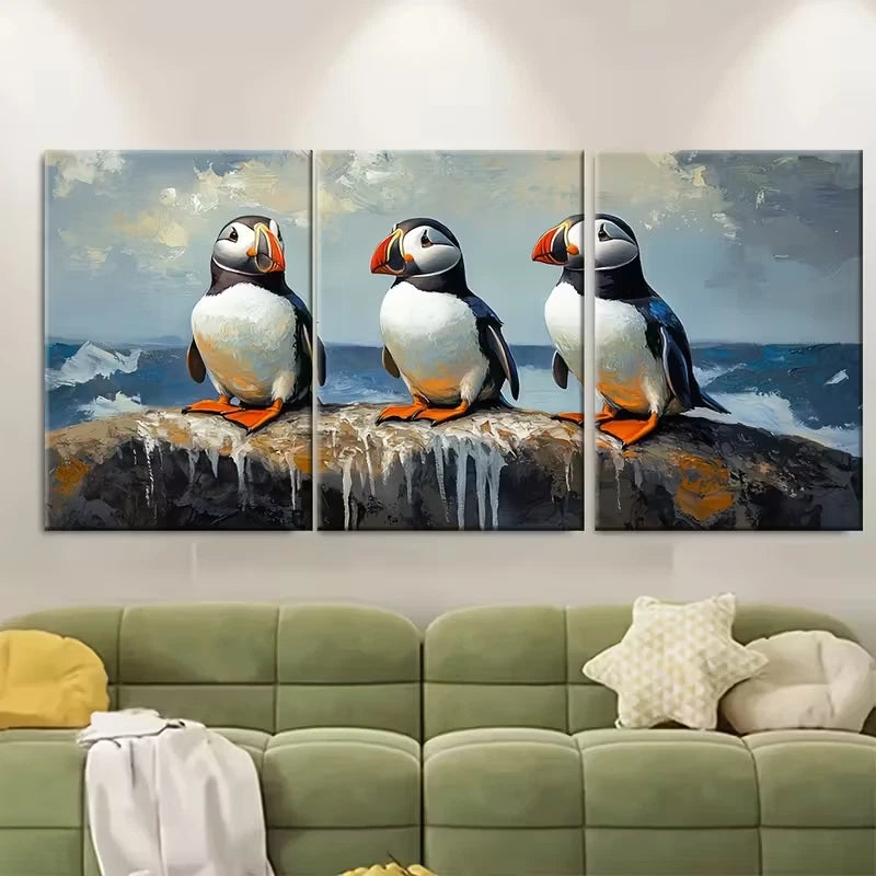 3pcs Puffin & Penguin Metal Print Ready to Hang Art