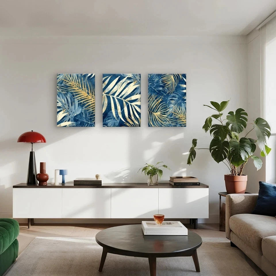 3pcs Modern Abstract Blue and Gold Palm Leaves Wall Art Set Canvas Framed 60x90cm - High Quality Print 100% Australian Made Wall Canvas Ready to Hang