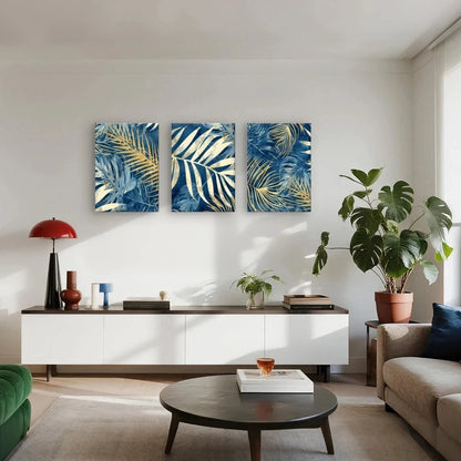 3pcs Modern Abstract Blue and Gold Palm Leaves Wall Art Set Canvas Framed 60x90cm - High Quality Print 100% Australian Made Wall Canvas Ready to Hang