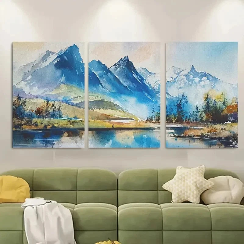 3pcs , Watercolor Snowy Mountain Metal Print Ready to Hang Art - Bella Home Decor