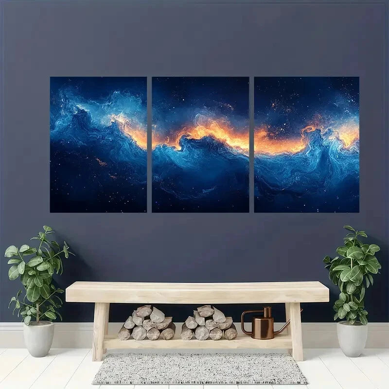 3pcs Modern Abstract Aqua Blue Print Metal Print Ready to Hang Art - Bella Home Decor