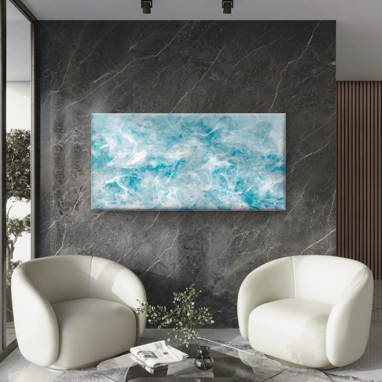 Smoke Texture Blue Abstract Wall Art Canvas Office Home Room Framed 120x60cm