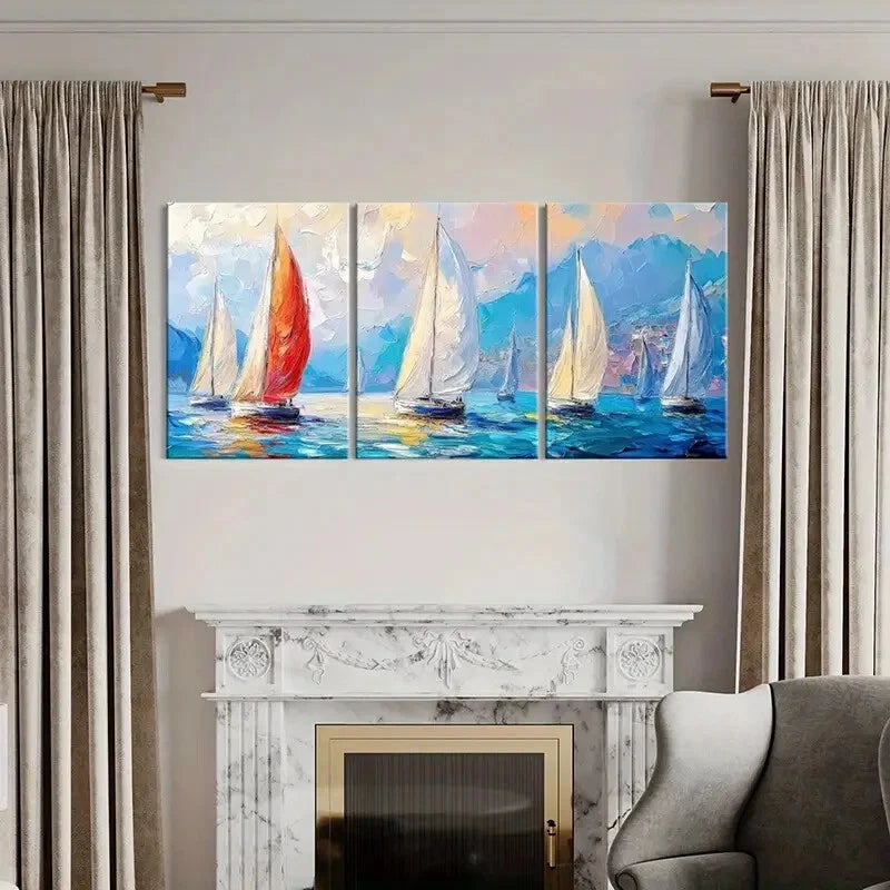 3pcs Sailing Boats Ocean Waves Blue Sky Metal Print Ready to Hang Art - Bella Home Decor