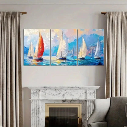 3pcs Sailing Boats Ocean Waves Blue Sky Metal Print Ready to Hang Art - Bella Home Decor