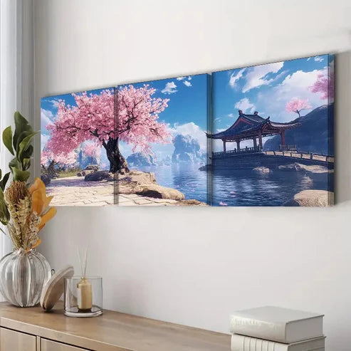 3pcs Cherry Blossom River Colorful Nature Wall Art Set Canvas Unframed - High Quality Print 100% Australian Made Wall Canvas - Bella Home Decor