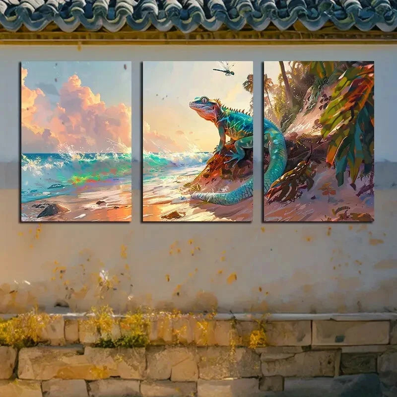 3pcs Vibrant Ocean Sunset Lizard Metal Print Ready to Hang Art - Bella Home Decor