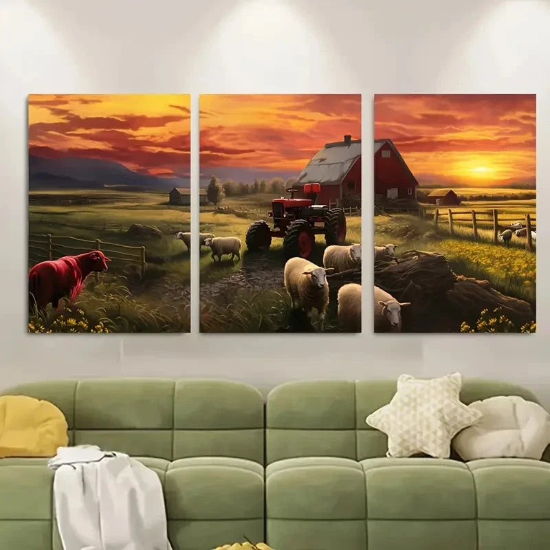 3pcs Rustic Sunrise Sheep Farm Art Metal Print Ready to Hang Art