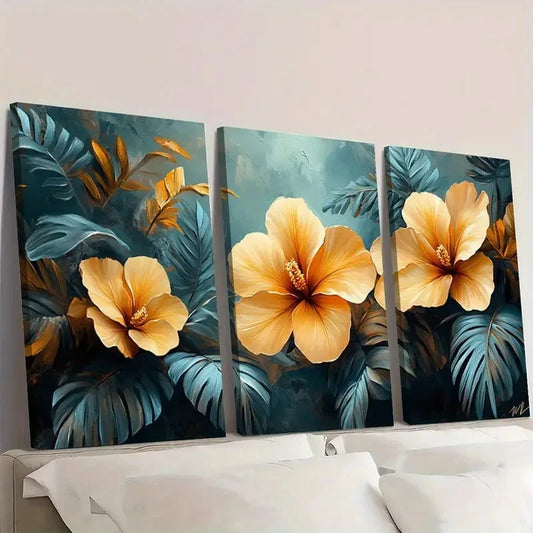 3pcs Beige Flower Tropical EU Wall Art Set Canvas Framed 60x90cm - High Quality Print 100% Australian Made Wall Canvas Ready to Hang