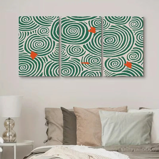 3pcs Abstract Green & Orange Geometric Metal Print Ready to Hang Art