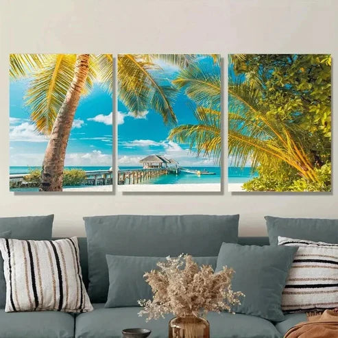 3pcs Beach Paradise Triptych Tropical Ocean Wall Art Set Canvas Unframed - High Quality Print 100% Australian Made Wall Canvas - Bella Home Decor