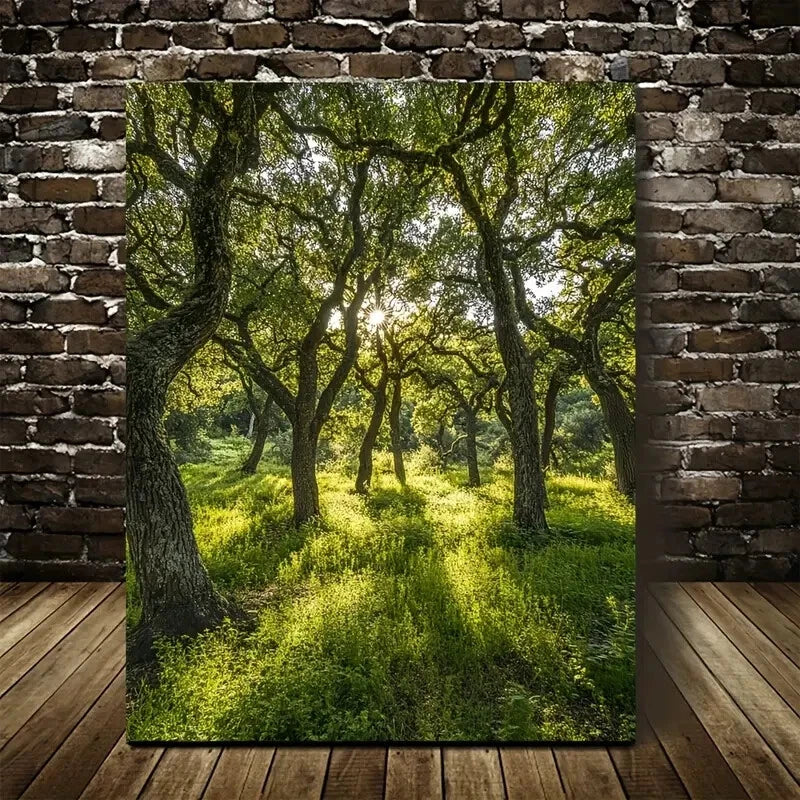 Lush Oak Forest Scene with Sunlit Trees Painting 40x60cm Metal Print Ready to Hang - Bella Home Decor