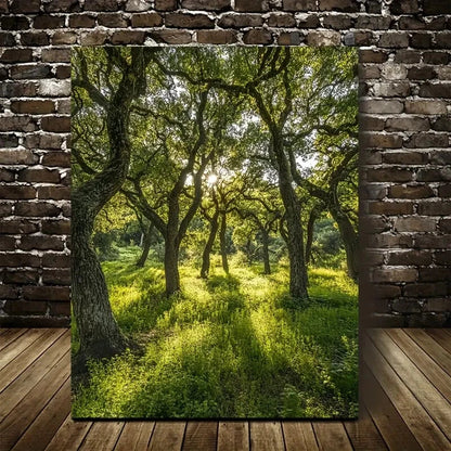 Lush Oak Forest Scene with Sunlit Trees Painting 40x60cm Metal Print Ready to Hang - Bella Home Decor