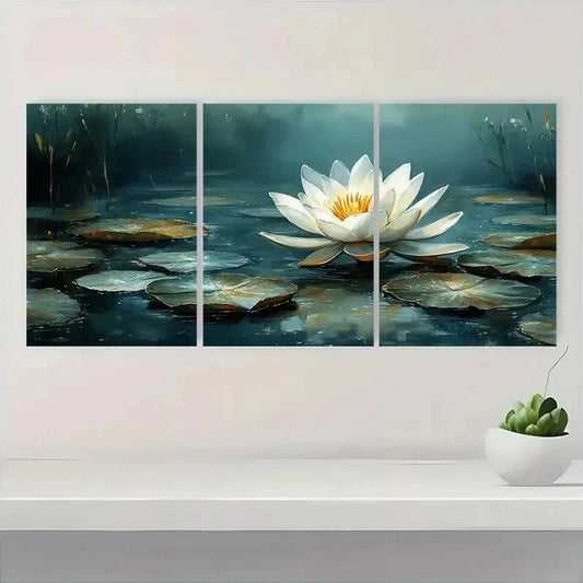 3pcs White Lotus Flower Elegant Perfect Wall Art Set Canvas Framed 50x70cm - High Quality Print 100% Australian Made Wall Canvas Ready to Hang