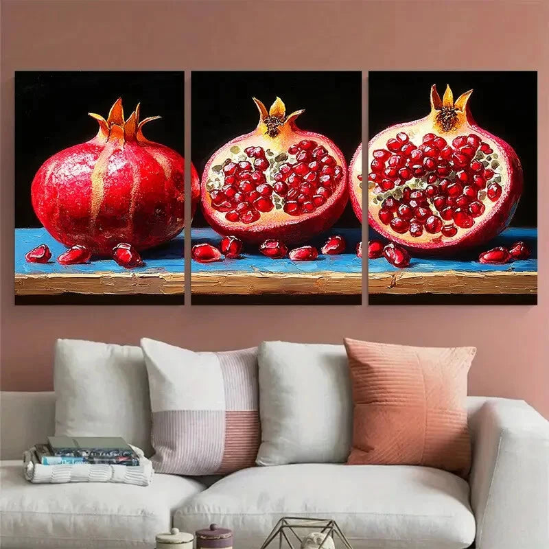 3pcs Still Life Pomegranate on Blue Background Metal Print Ready to Hang Art - Bella Home Decor